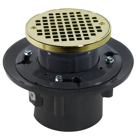 Jones Stephens 4in Heavy Duty PVC Drain Base with 3-1/2in Plastic Spud and 5in Polished Brass Strainer with Ring D49227